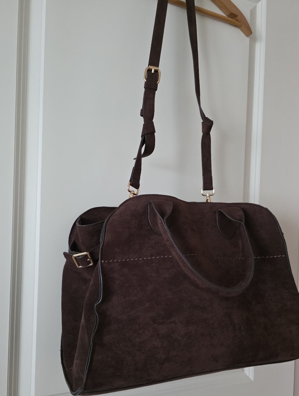 Western Chic Faux Suede Large Tote Bag W/ Crossbody Strap Dark Chocolate Brown